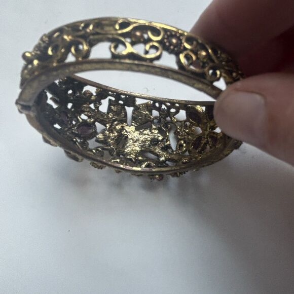Vintage Mid Century Floral Rhinestone Clamper Bracelet Purple Pink Jewelry - Picture 15 of 16